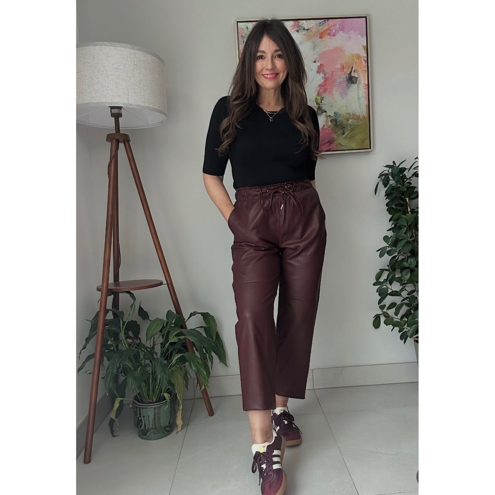 Zara Faux Leather Trousers Womens XS Burgundy Drawstring Tapered Joggers